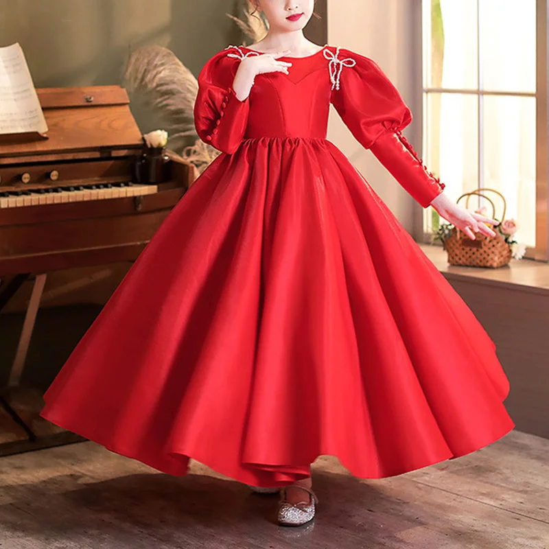 Metallic DressGirl Christmas Dress Toddler Ball Gowns Girl Red Bubble Long Sleeve Puffy Pageant Party Princess Dress