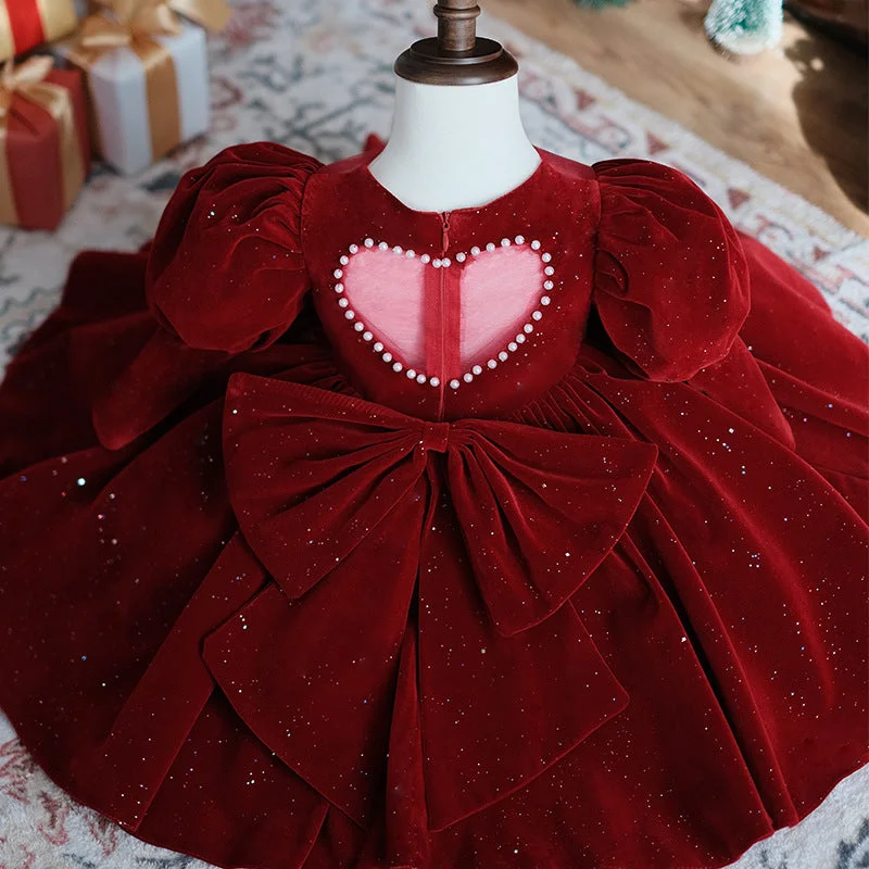 women's vacation dressesGirl Christmas Dress Flower Girl Dress Toddler Puff Sleeves Red Velvet Sequins Birthday Party Dress