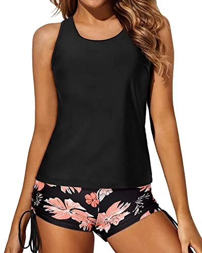 Sarong Female SwimwearWomen's 3 Piece Tankini Swimsuits Backless Tank Top-Black Orange Floral