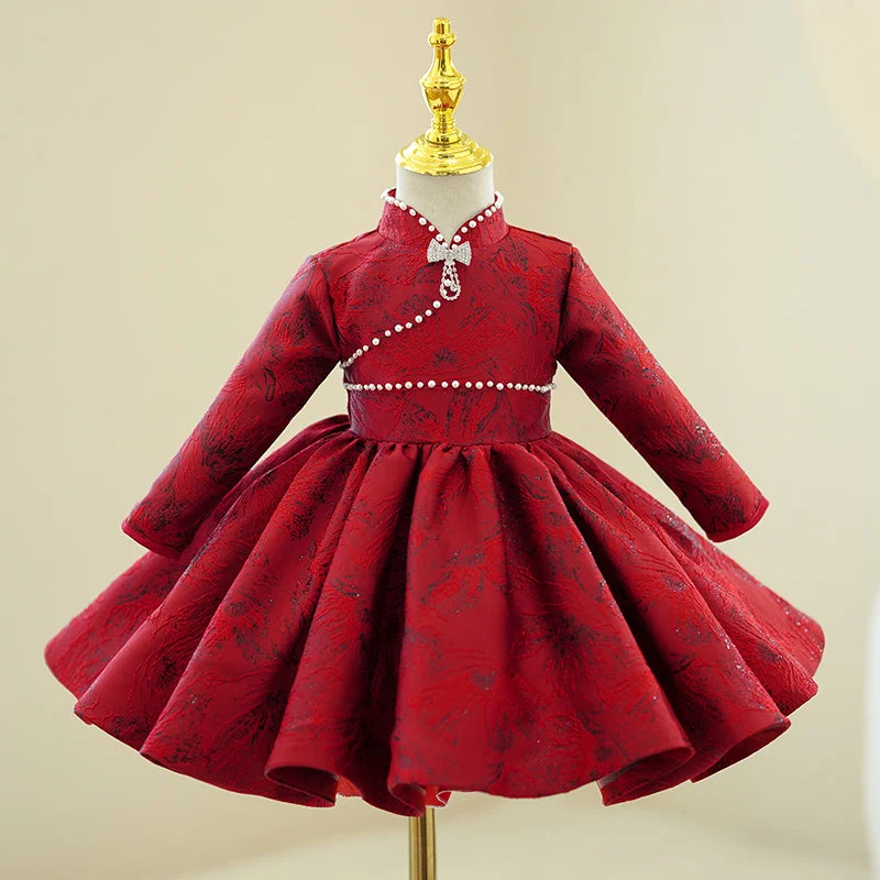 women's fair-trade dressesGirl Christmas Dress Toddler Prom Dress Little Girl Stand Collar Long Sleeve Printed Beaded Birthday Party  Dress