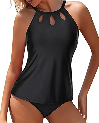 Chic Female SwimwearHigh Neck & Backless Design Two Piece Tankini Bathing Suit-Black