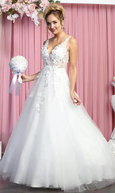 Button-Down DressMay Queen RQ7902 - Sleeveless Plunging V-Neckline Wedding Gown