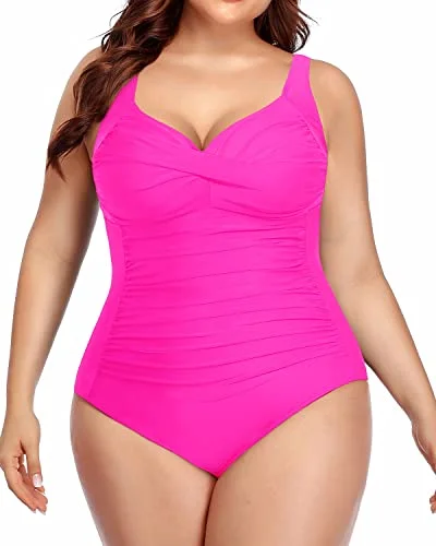 UV-Protective Female SwimwearRetro One Piece Bathing Suits Vintage Ruched Cross Swimsuits-Neon Pink