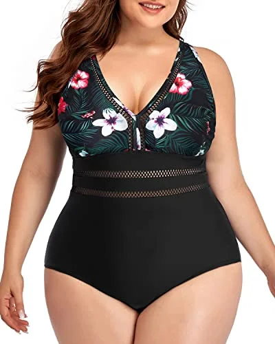 Mix-and-Match Female SwimwearAdjustable Strap Plus Size V Neck One Piece Bathing Suit-Black Floral