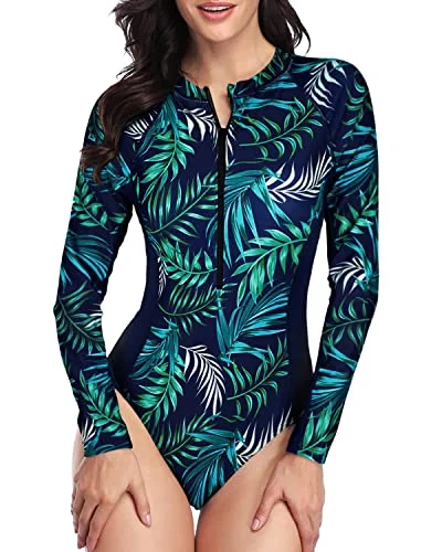 Beach Female SwimwearWomen's Water Sports Long Sleeve Rash Guard Swimsuit-Blue Leaf