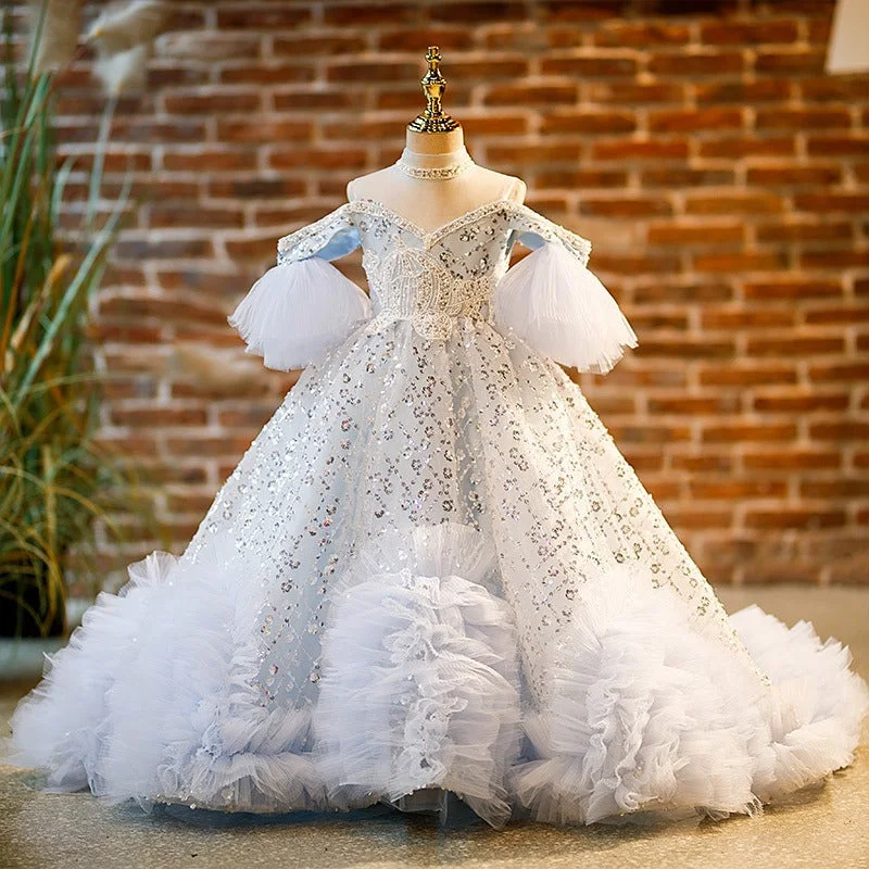 Beaded DressSummer Elegant Flower Girl Wedding  Birthday Party Princess Dress