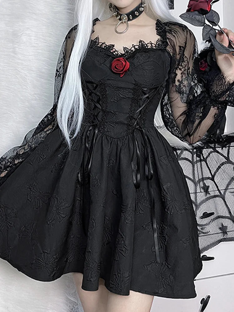 Plunging Neckline DressGrunge A-Line Sexy Jacquard Waist Sleeve Dark Party Lolita Lace Harajuku Vintage Gothic High Frock