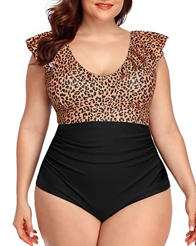 Stretchy Female SwimwearU-Shaped Back Plus Size V-Neck One Piece-Brown Lepoard