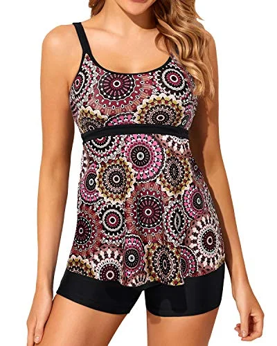 Sweetheart One-Piece FemaleTwo Piece Tankini Bathing Suits For Women Swimwear Boy Shorts-Brown Print