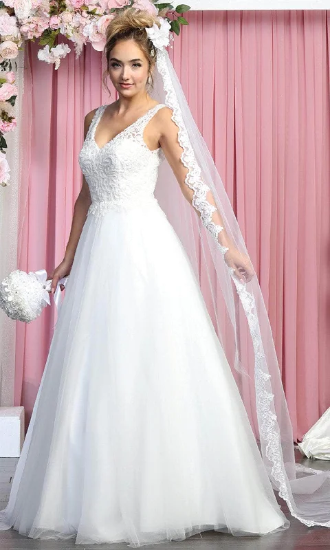 Floral DressMay Queen RQ7883 - Sleeveless V-neck Wedding Gown