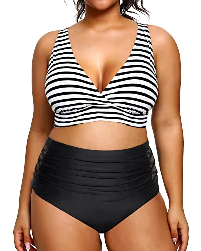 Eco-Conscious Female SwimwearV Neck Adjustable Straps Plus Size Bikini High Waisted Swimsuits For Women-Black And White Stripe