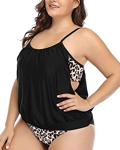 Floral Female SwimwearWomen's Double Up Tummy Control Plus Size Tankini Swimsuits-Black Leopard