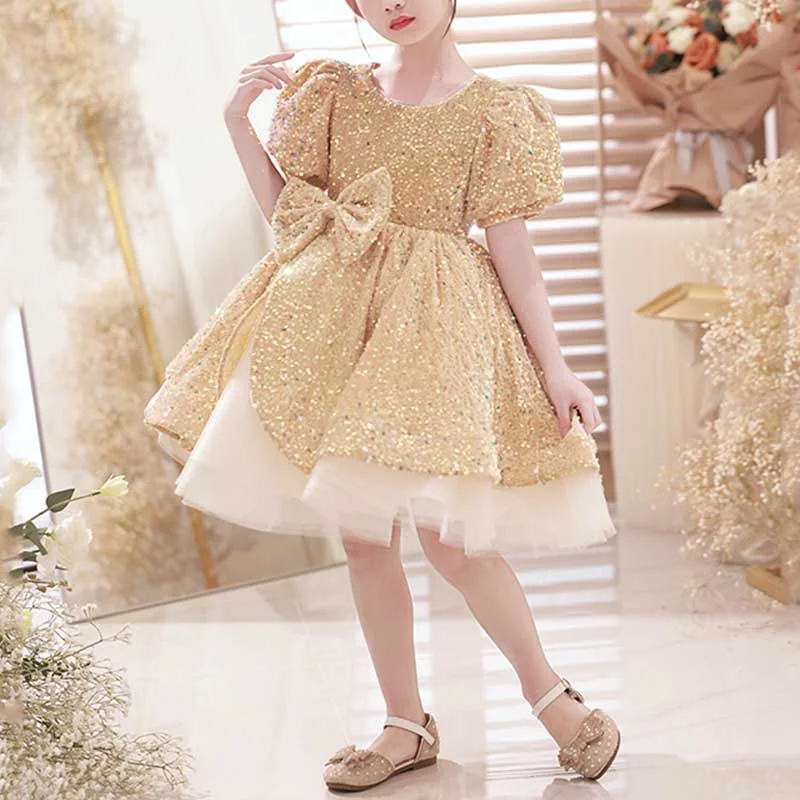 women's lace dressesCute Girls Gold Sequined Piano Performance Birthday Party Princess Dress