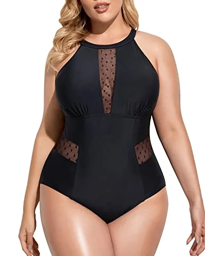 Ruffle-Trimmed Female SwimwearPlus Size High Neck Plunge Mesh Cut Out One Piece Swimsuit for Women