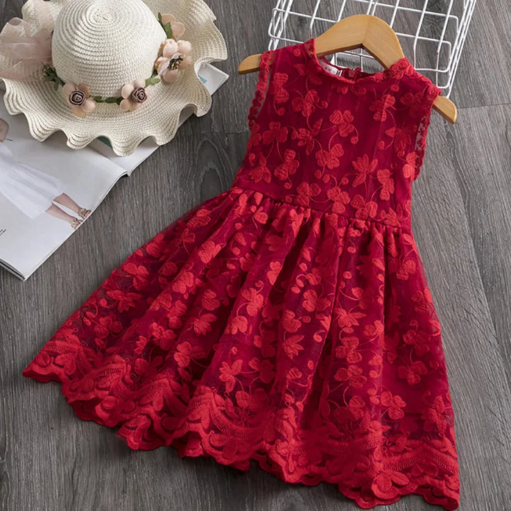 women's made-to-order dressesGirl Princess Dress Red Lace Sleeveless Girls Dress Birthday Party Dress