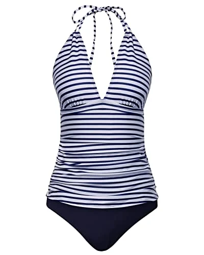 Trendy Female SwimwearHalter V Neck Tankini Set Bikini Bottom Tummy Control Bathing Suits-Blue White Stripe