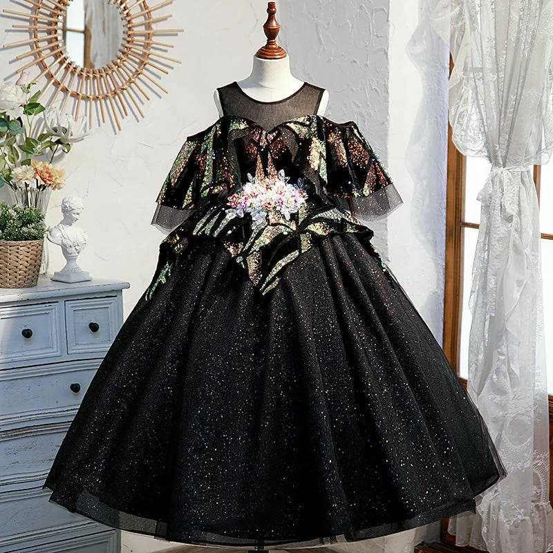 women's cold-shoulder dressesLittle Girl Princess Dress Children Summer Black Sequin Fluffy Birthday Party Dress