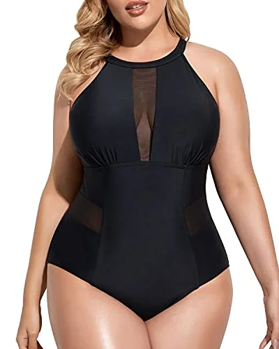 Bow-Accented Female SwimwearSleek High-Neck Plus Size Swimwear Tummy Control For Curvy Women-Black