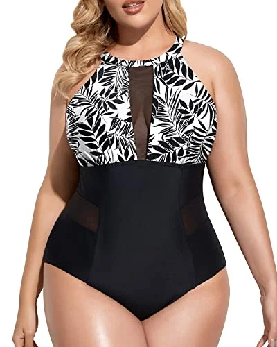 Kaftan Female SwimwearTummy Control Cut Out Monokini Swimsuit For Plus Size Women-Black Leaves