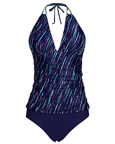 Mix-and-Match Female SwimwearOpen Back Halter Tankini Tops Bikini Bottom Two Piece-Navy Blue