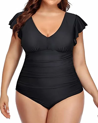 Glamorous Female SwimwearOne Piece Tummy Control Ruffle Swimsuits Plus Size Swimwear For Women-Black