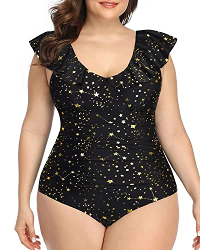 Figure-Hugging Female SwimwearCute Ruffled Falbala Plus Size One Piece Swimsuit For Women-Gold Stars