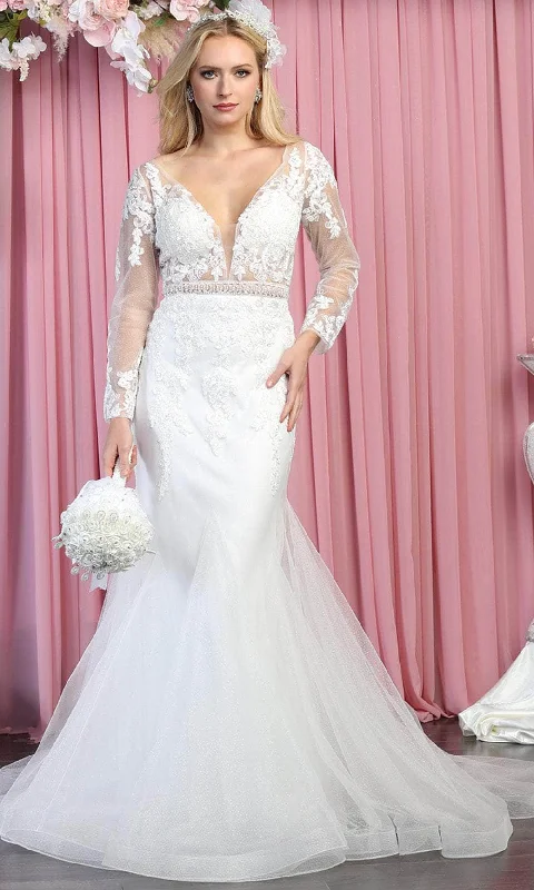 Jersey DressMay Queen RQ7892 - Long sleeves Deep V-neck Wedding Gown