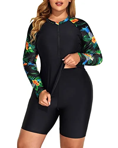 Chlorine-Resistant Female SwimwearBeach-Ready Tankini Rash Guard 2 Piece Plus Size Long Sleeve Rash Guard-Black Pineapple