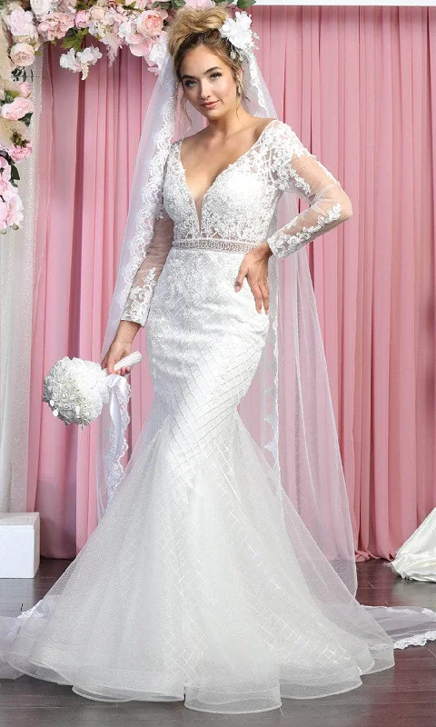 Tulle DressMay Queen RQ7896 - Long Sleeves Sheer V-neck Wedding Gown