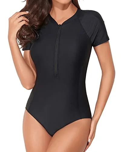 Scoop-Neck Female SwimwearUpf 50+ Bathing Suit Surfing Swimwear Short Sleeve Rash Guard For Women-Black