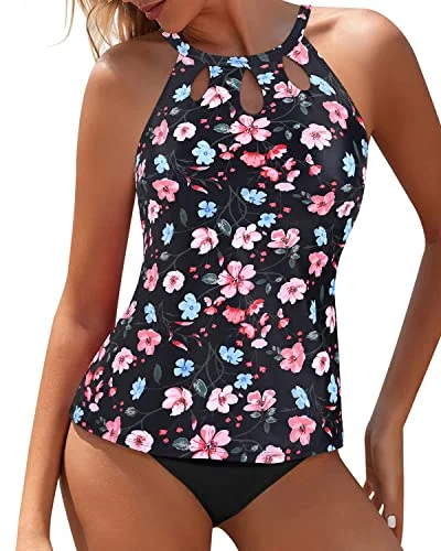 Relaxed-Fit Female SwimwearLong Torso Friendly High Waisted Tankini Set For Women-Black And Pink Floral