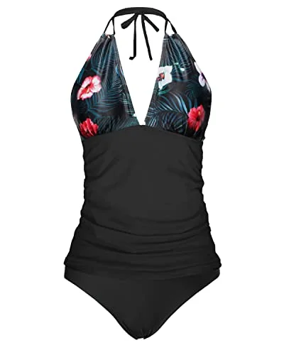 Patterned Female SwimwearStylish Two Piece Swimwear Tummy Control Halter Tankini for Women