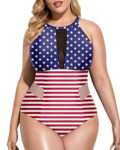 Matching Swimwear Set FemaleComfortable High-Neck Monokini For Plus Size Women-National Flag