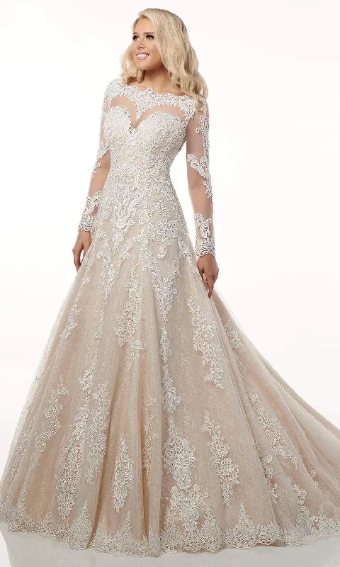 women's lace-up dressesRachel Allan - M778 Illusion Long Sleeve Lace A-Line Wedding Dress