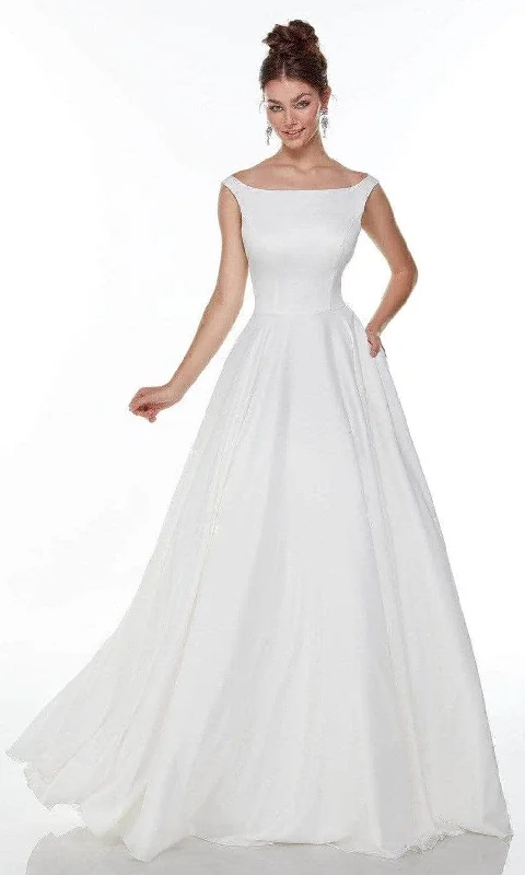 women's eco-friendly dressesAlyce Paris - Bateau Neck Satin Wedding Gown 7054 - 1 pc Diamond White In Size 6 Available