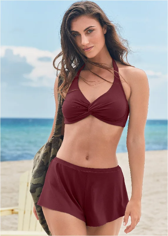 UPF Protection Female SwimwearTwist Front Halter Top - Dark Mahogany