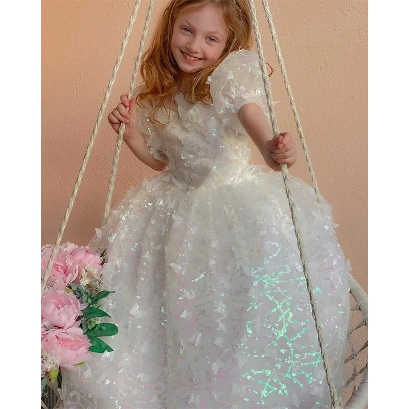 women's affordable dressesFlower Girl Dress Girl Summer White Puff Sleeve Butterfly Sequins Birthday Party Dress