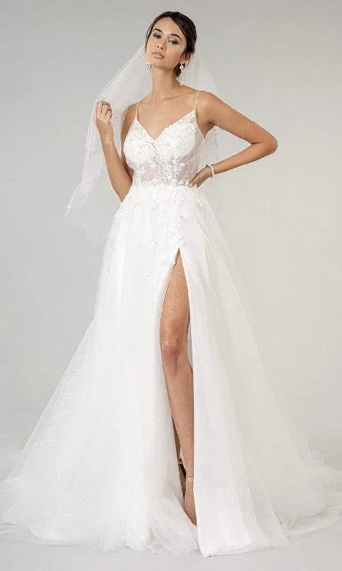 Cocktail DressElizabeth K - GL1907 V-Neck Embroidered Sheer Bodice Slit Wedding Gown