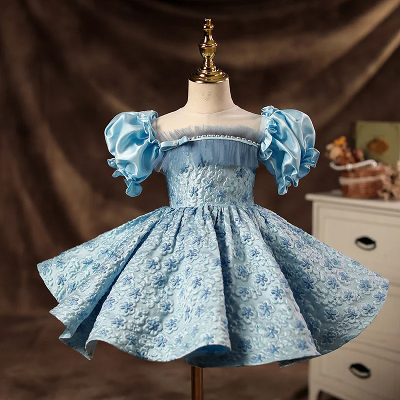 Zip-Up DressToddler Ball Gowns Girl Princess Blue Flower Formal Fluffy Birthday Party Dress