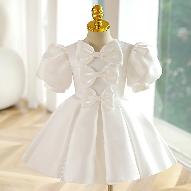 women's apple-shaped body dressesFlower Girl Dress Toddler Summer Princess Party Dress White Textured Bow Baptism Dress