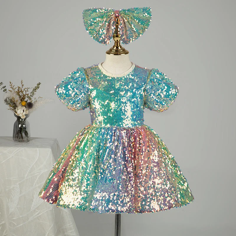 women's wrinkle-resistant dressesToddler Ball Gowns Girl Rainbow Sequined Puffy Birthday Party Cake Dress