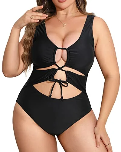 Monokini with Cut-Outs FemaleV Neck Plus Size Cutout One Piece Swimsuits For Women-Black