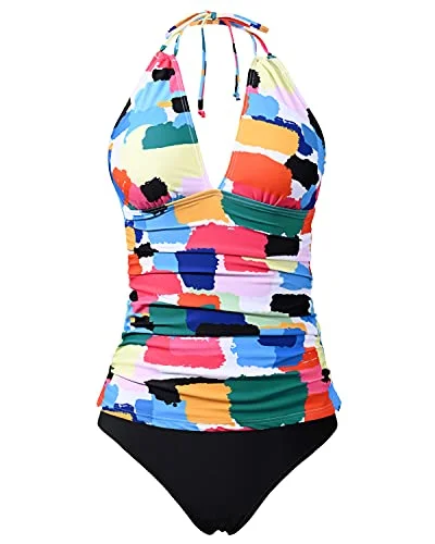 Lace-Up Female SwimwearPlus Size Tummy Control Tankini Two Piece Swimwear