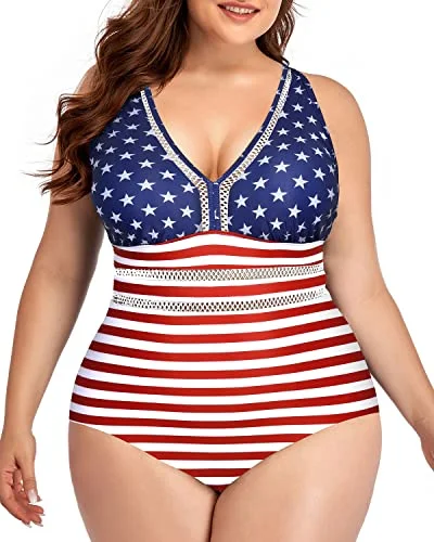 Ruffled One-Piece FemalePadded Push Up One Piece Bathing Suits For Plus Size Women-National Flag