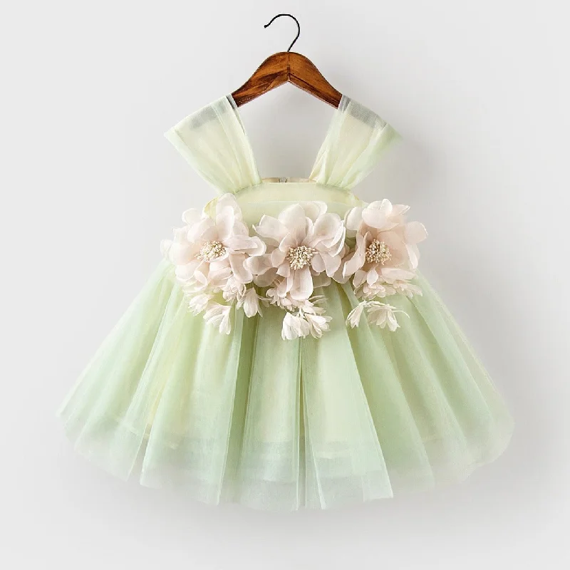 Knit DressBaby Flower Girl Dress Toddler Birthday Party Dress Summer Green Cake Puffy Girl Formal Dresses