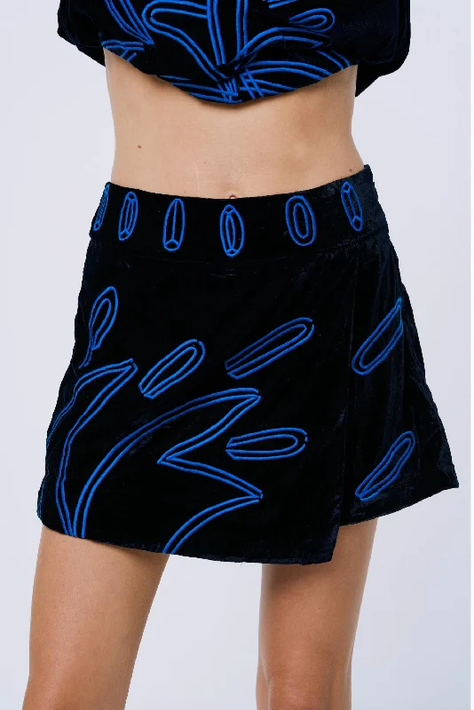 women's vintage shortsRena Embroidered Velvet Skort In Navy