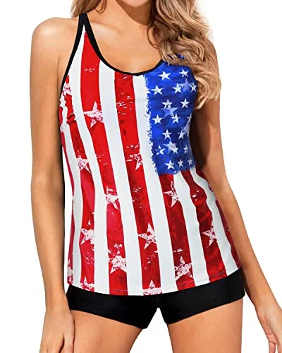 Scoop-Neck Female SwimwearAthletic Tankini Swimwear For Women Adjustable Straps & Mid-Waist Shorts-American Flag