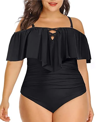 Ruffle-Trimmed Female SwimwearChic Lace Up Ruffled Plus Size One Piece Swimsuits For Curvy Women-Black