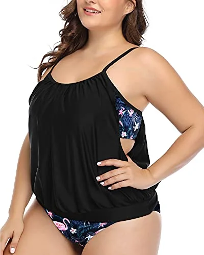 Skirtini Female SwimwearAdjustable Strap Athletic Tankini Plus Size Sporty 2 Piece Tankini-Black Flamingo