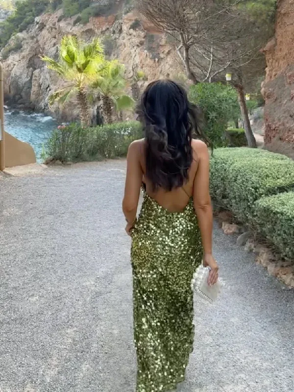 women's midi dressesGreen Sequin Backless Sling Dress - Sexy Off Shoulder Christmas Party Dress